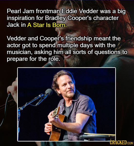 Pearl Jam frontman Eddie Vedder was a big inspiration for Bradley Cooper's character Jack in A Star Is Born. Vedder and Cooper's friendship meant the