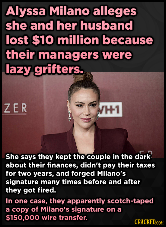 Alyssa Milano alleges she and her husband lost $10 million because their managers were lazy grifters. ZER H1 She says they kept the couple in the dark