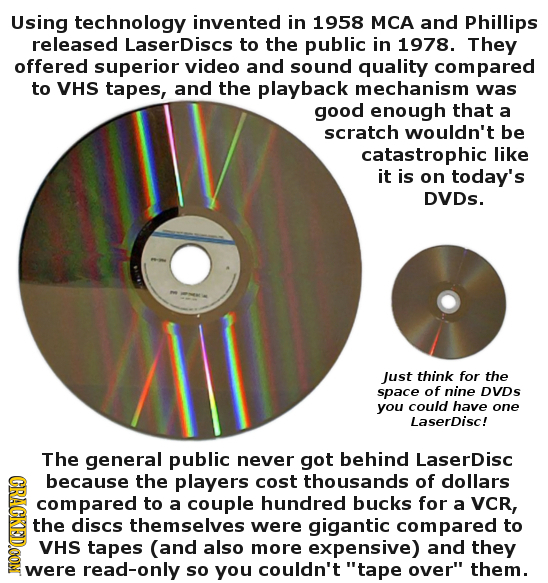 Using technology invented in 1958 MCA and Phillips released Laserdiscs to the public in 1978. They offered superior video and sound quality compared t
