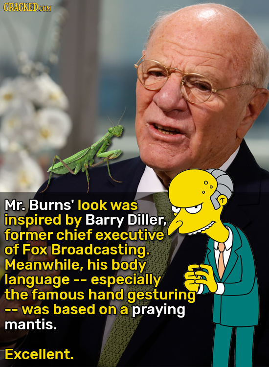 CRACKED CON Mr. Burns' look was inspired by Barry Diller, former chief executive of Fox Broadcasting. Meanwhile, his body language especially the famo