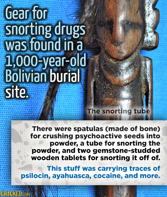 Gear for snorting drugs was found in a l,000- year-old 000 Bolivian burial site. The snorting tube There were spatulas (made of bone) for crushing psy