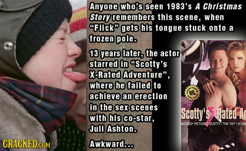 Anyone who's seen 1983's A Christmas Story remembers this scene, when Flick gets his tongue stuck onto a frozen pole. 13 years later, the actor star