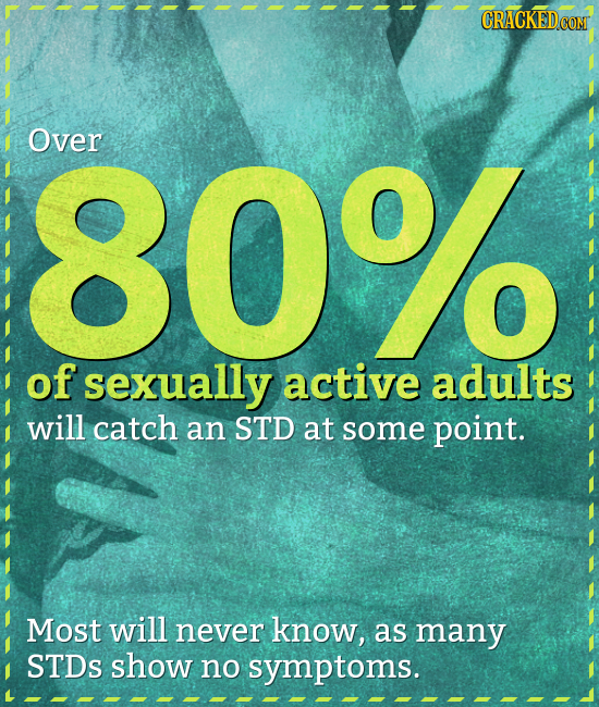 CRACKEDCOR Over 80% of sexually active adults will catch an STD at some point. Most will never know, as many STDs show no symptoms. 