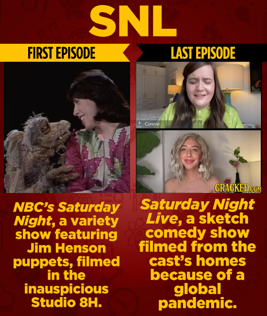 SNL FIRST EPISODE LAST EPISODE Connie CRACKED CON NBC's Saturday Saturday Night Night, variety Live, sketch a a show featuring comedy show Jim Henson