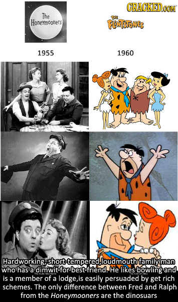 CRACKEDCON The TAE Honeymooners FUTTONES 1955 1960 Hardworking,shorttempered:loudmouthfamilyn man who has a dimwit for bestfriend. He likes bowling an