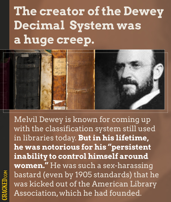 The creator of the Dewey Decimal System was a huge creep. hieng af dE Melvil Dewey is known for coming up with the classification system still used in