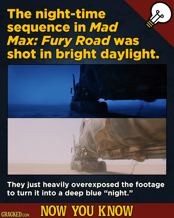 13 Cool Things You Didn’t Know About Movies (And Other Stuff) - The night-time sequence in Mad Max: Fury Road was shot in bright daylight.