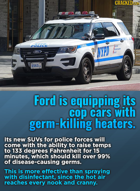 CRACKEDO POLICG Cord 5563 Ford is equipping its cop cars with germ-killing heaters. Its new SUVs for police forces will come with the ability to raise