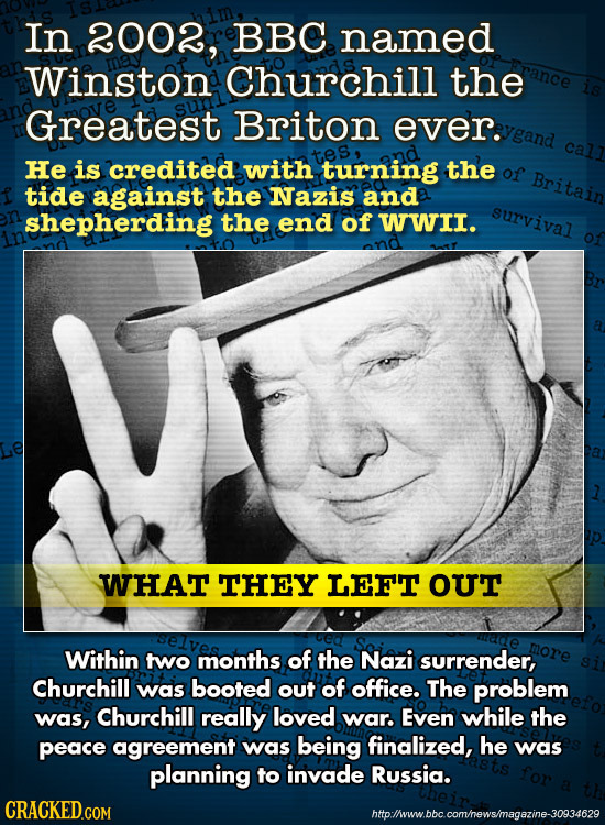 In 2002, BBC named Winston Churchill the Greatest Briton ever. ygand He is credited with turning the of Britain tide against the Nazis and shepherding