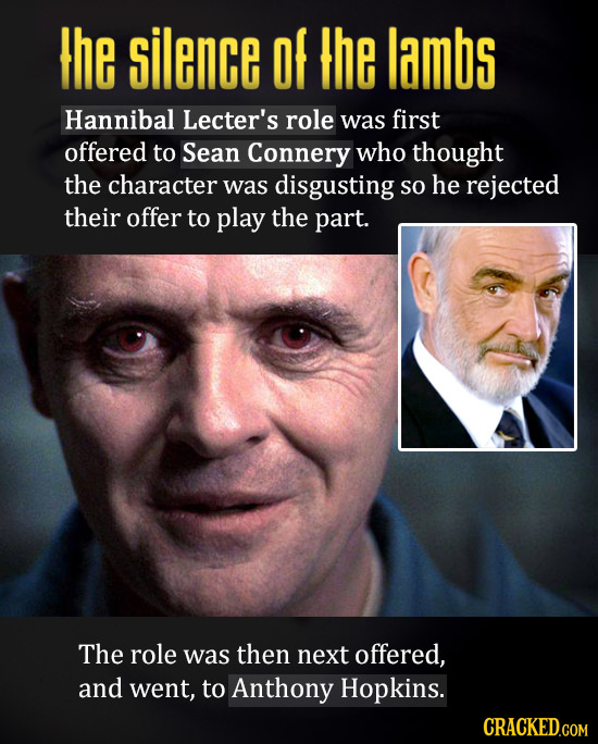 the silence of the lambs Hannibal Lecter's role was first offered to Sean Connery who thought the character was disgusting so he rejected their offer