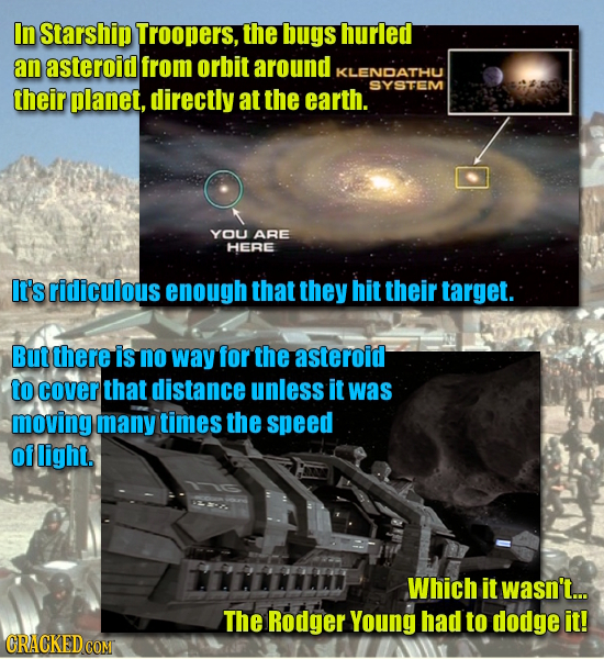 In Starship Troopers, the bugs hurled an asteroid from orbit around KLENDATHU SYSTEM their planet, directly at the earth. YOU ARE HERE It's ridiculous