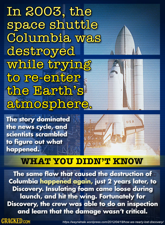In 2003, the space shuttle Columbia was destroyed while trying to re-enter the Earth's atmosphere. The story dominated USA the news cycle, and scienti