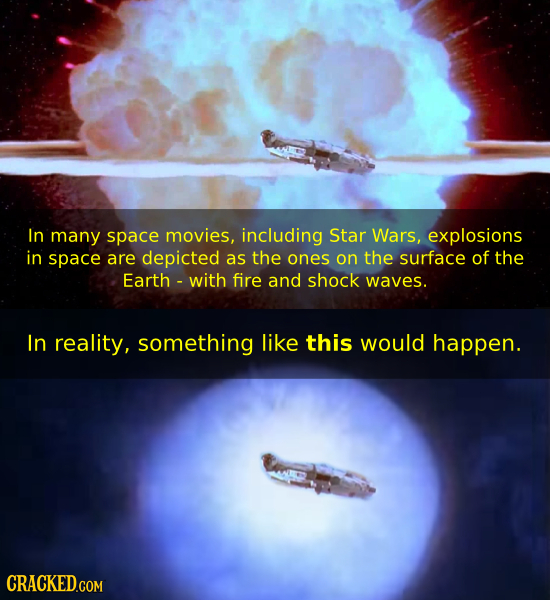 In many space movies, including Star Wars, explosions in space are depicted as the ones on the surface of the Earth with fire and shock waves. In real