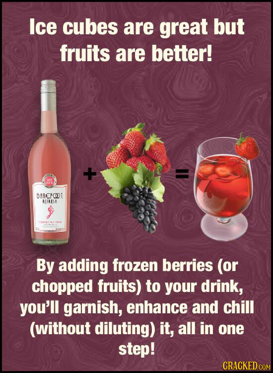 Ice cubes are great but fruits are better! BRIREFOOT REFRBLIL BBFEEY By adding frozen berries (or chopped fruits) to your drink, you'll garnish, enhan