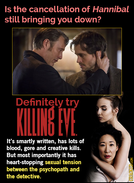 Is the cancellation of Hannibal still bringing you down? Definitely try KILING EVE It's smartly written, has lots of blood, gore and creative kills. B