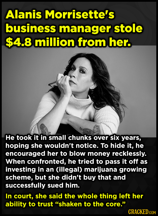 Alanis Morrisette's business manager stole $4.8 million from her. He took it in small chunks over six years, hoping she wouldn't notice. To hide it, h