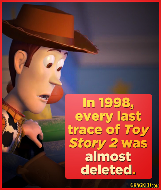 In 1998, every last trace of Toy Story 2 was almost deleted. 