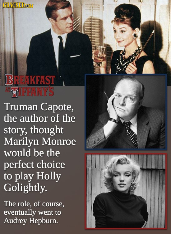 BREAKFAST TIFFANYS Truman Capote, the author of the story, thought Marilyn Monroe would be the perfect choice to play Holly Golightly. The role, of co