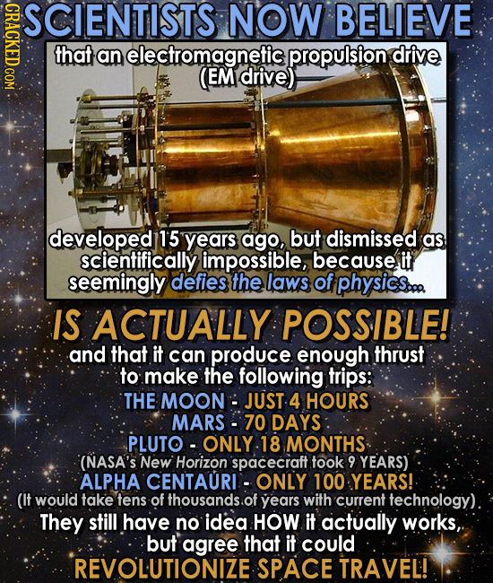 CRAC SCIENTISTS NOW BELIEVE that an electromagnetic propulsion drive (EM drive) developed 1'5 years ago, but dismissed as scientifically impossible,,