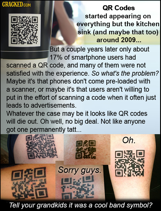 QR Codes started appearing on everything but the kitchen sink (and maybe that too) around 2009... But a couple years later only about 17% of smartphon