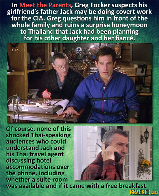 In Meet the Parents, Greg Focker suspects his girlfriend's father Jack may be doing covert work for the CIA. Greg questions him in front of the whole