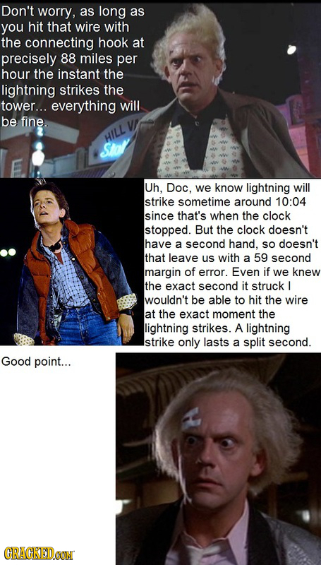 Don't worry, as long as you hit that wire with the connecting hook at precisely 88 miles per hour the instant the lightning strikes the tower... every