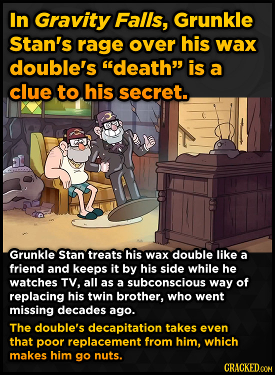 In Gravity Falls, Grunkle Stan's rage over his wax double's death is a clue to his secret.. Grunkle Stan treats his wax double like a friend and kee