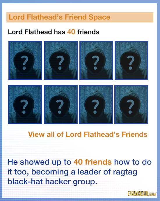 Lord Flathead's Friend Space Lord Flathead has 40 friends ? ? ? ? OEE ? ? ? ? View all of Lord Flathead's Friends He showed up to 40 friends how to do