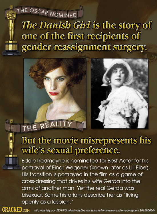 THE OSCAR NOMINEE The Danish Girl is the story of one of the first recipients of gender reassignment surgery. REALITY THE But the movie misrepresents