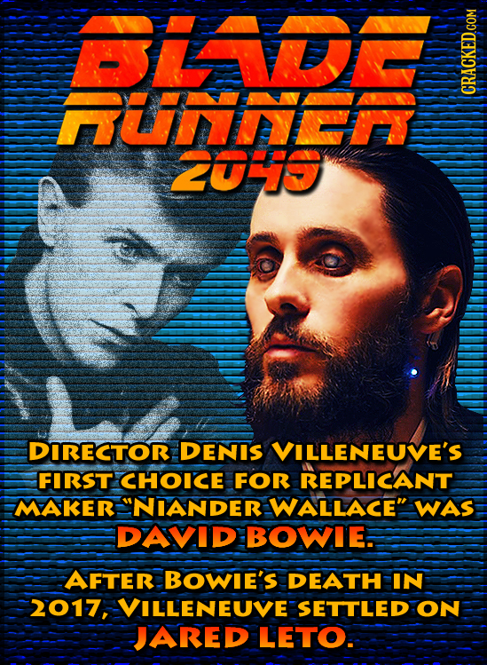 A Uiy ZUHiS DIRECTOR DENIS VILLENEUVE'S FIRST CHOICE FOR REPLICANT MAKER NIANDER WALLACE WAS DAVID BOWIE. AFTER BOWIE'S DEATH IN 2017, VILLENEUVE SE
