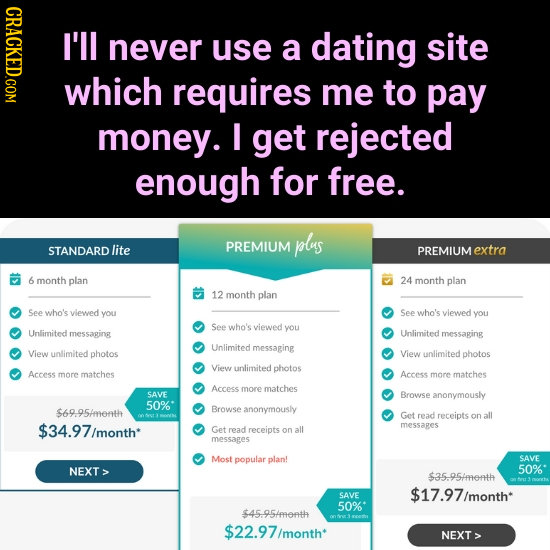 GDAMT I'll never use a dating site which requires me to pay money. I get rejected enough for free. plus lite PREMIUM STANDARD PREMIUM extra 6 month pl