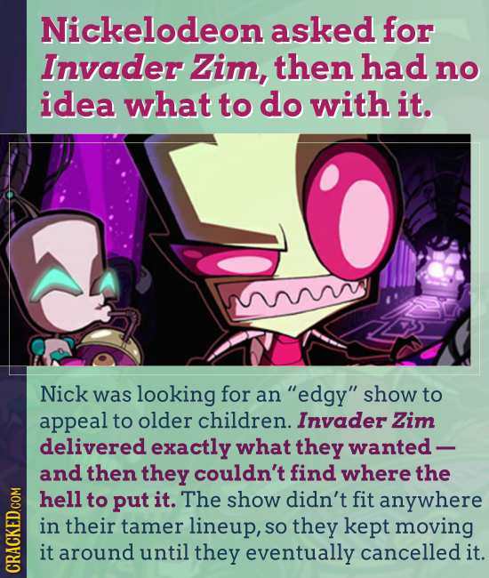 Nickelodeon asked for Invader Zim, then had no idea what to do with it. Nick was looking for an edgy show to appeal to older children. Invader Zim d