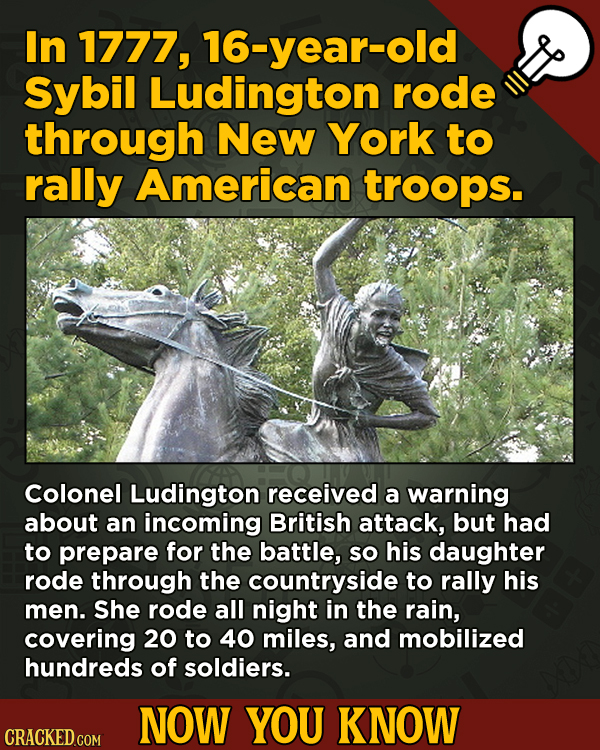 13 Cool Things You Didn’t Know About Movies (And Other Stuff) - In 1777, 16-year-old Sybil Ludington rode through New York to rally American troops.