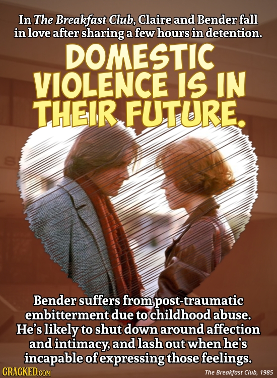 In The Breakfast Club, Claire and Bender fall in love after sharing a few hours in detention. DOMESTIC VIOLENCE IS IN THEIR FUTURE. Bender suffers fro