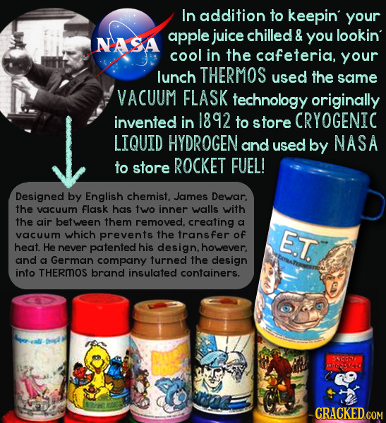 In addition to keepin your apple juice chilled & you lookin NASA cool in the cafeteria, your lunch THERMOS used the same VACUUM FLASK technology origi