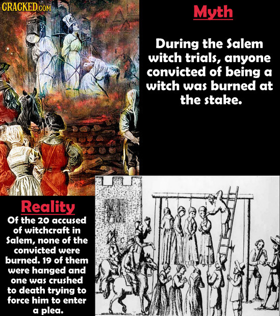 Myth During the Salem witch trials, anyone convicted of being a witch was burned at the stake. Reality of the 20 accused of witchcraft in Salem, none