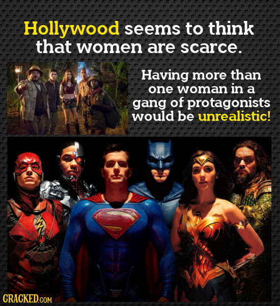 Hollywood seems to think that women are scarce. Having more than one woman in a gang of protagonists would be unrealistic! CRACKED.COM