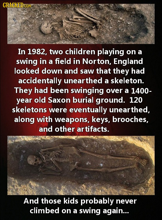 CRACKED CON In 1982, two children playing on a swing in a field in Norton, England looked down and saw that they had accidentally unearthed a skeleton