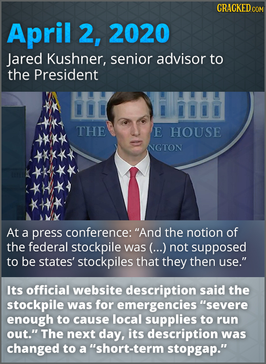CRACKED COM April 2, 2020 Jared Kushner, senior advisor to the President THE E HOUSE NGTON At a press conference: And the notion of the federal stock