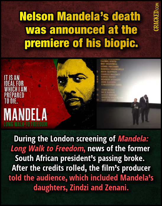 Nelson Mandela's death was announced at the CRAGN premiere of his biopic. CASWEE A4 1 COWAL 0 MWS BAMSMA Wono 00 SAATHAN IT IS AN CMAN M700 BENE NO 64