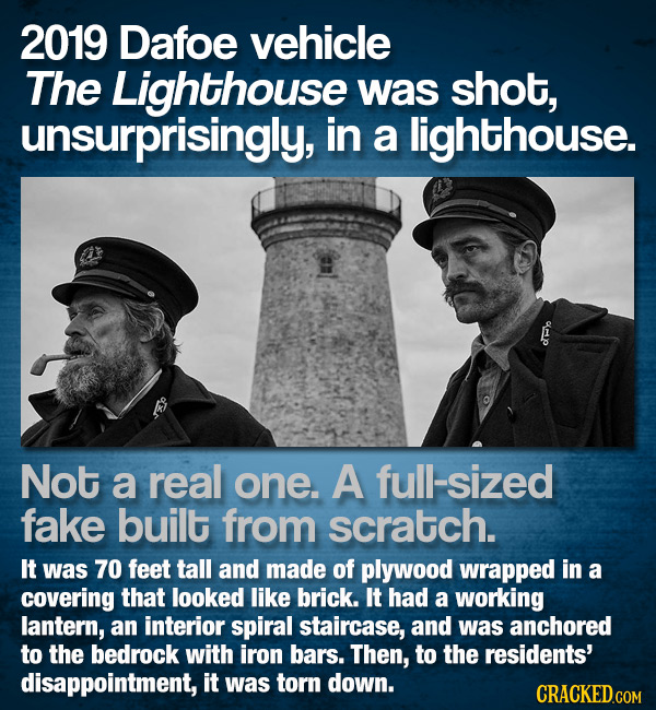2019 Dafoe vehicle The Lighthouse was shot, unsurprisingly, in a lighthouse. Not a real one. A full-sized fake built from scratch. It was 70 feet tall