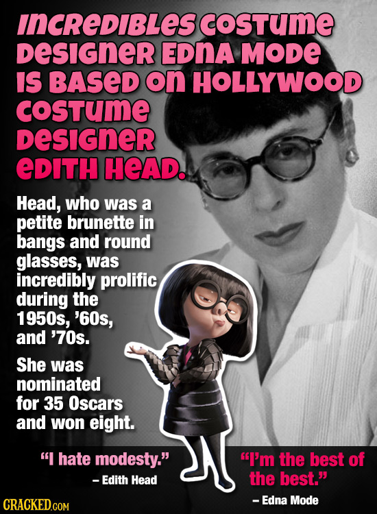 INCREDIBLES coSTumE DeSIGnER EDnA MODE IS BASED on HOLLYWOOD COSTUME DesIGneR EDITH HEAD. Head, who was a petite brunette in bangs and round glasses,