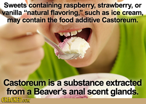 Sweets containing raspberry, strawberry, or vanilla natural flavoring, such as ice cream, may contain the food additive Castoreum. Castoreum is a su