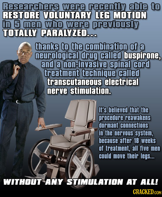 Researchers were recently able to RESTORE VOLUNTARY LEG MOTION in 5 men who were previously TOTALLY PARALYZED... thanks to the combination of a neurol