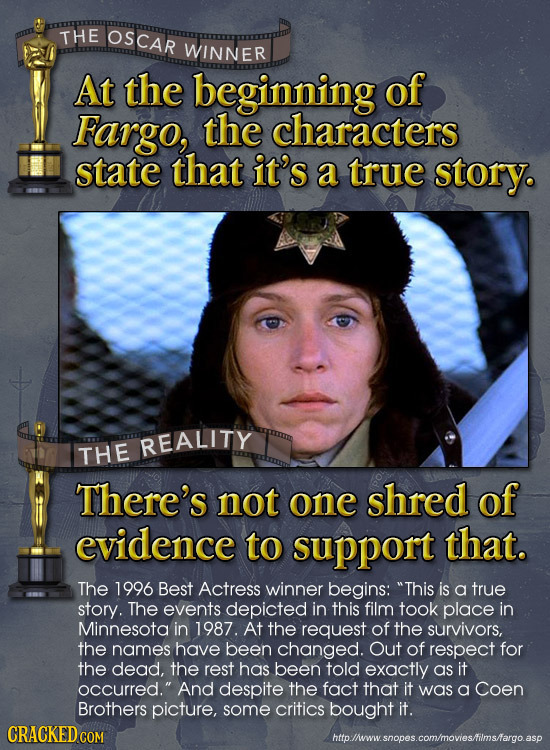 THE OSCAR WINNER At the beginning of Fargo, the characters state that it's a true story. REALITY THE There's not one shred of evidence to support that