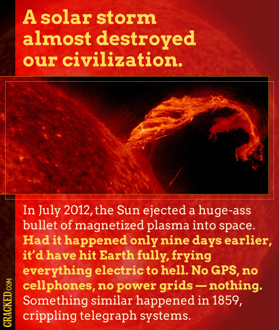 A solar storm almost destroyed our civilization. In July 2012, the Sun ejected a huge-ass bullet of magnetized plasma into space. Had it happened only