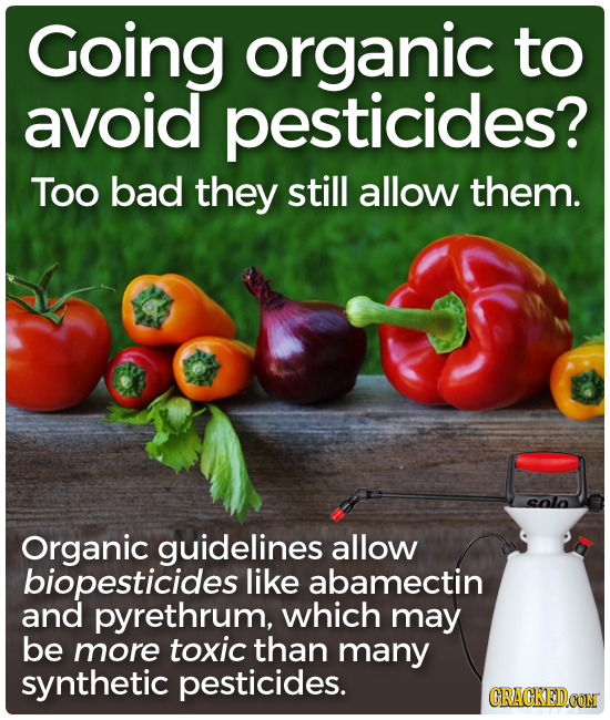 Going organic to avoid pesticides? Too bad they still allow them. Organic guidelines allow biopesticides like abamectin and pyrethrum, which may be mo