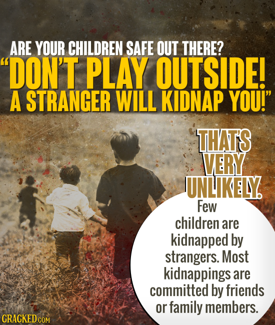 ARE YOUR CHILDREN SAFE OUT THERE? DON'T PLAY OUTSIDE! A STRANGER WILL KIDNAP YOU! THAT'S VERY UNLIKELY Few children are kidnapped by strangers. Most