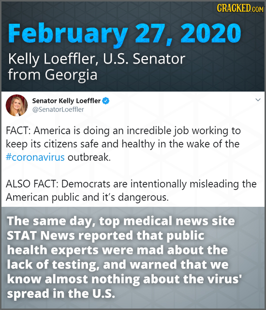 CRACKED CO February 27, 2020 Kelly Loeffler, U.S. Senator from Georgia Senator Kelly Loeffler @Senatorloeffler FACT: America is doing an incredible jo