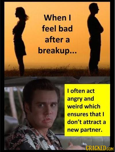When I feel bad after a breakup... I often act angry and weird which ensures that I don't attract a new partner. CRACKED COM